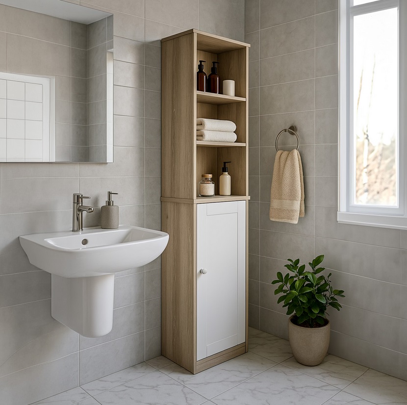 Badkamer\u0020Hoge\u0020Kast\u0020met\u0020170x34x26cm\u0020in\u0020bruin\u002Dwit