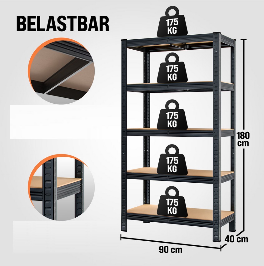 Stellingkast\u0020boutloos\u0020Zwart\u0020180x90x40cm\u0020tot\u0020875kg