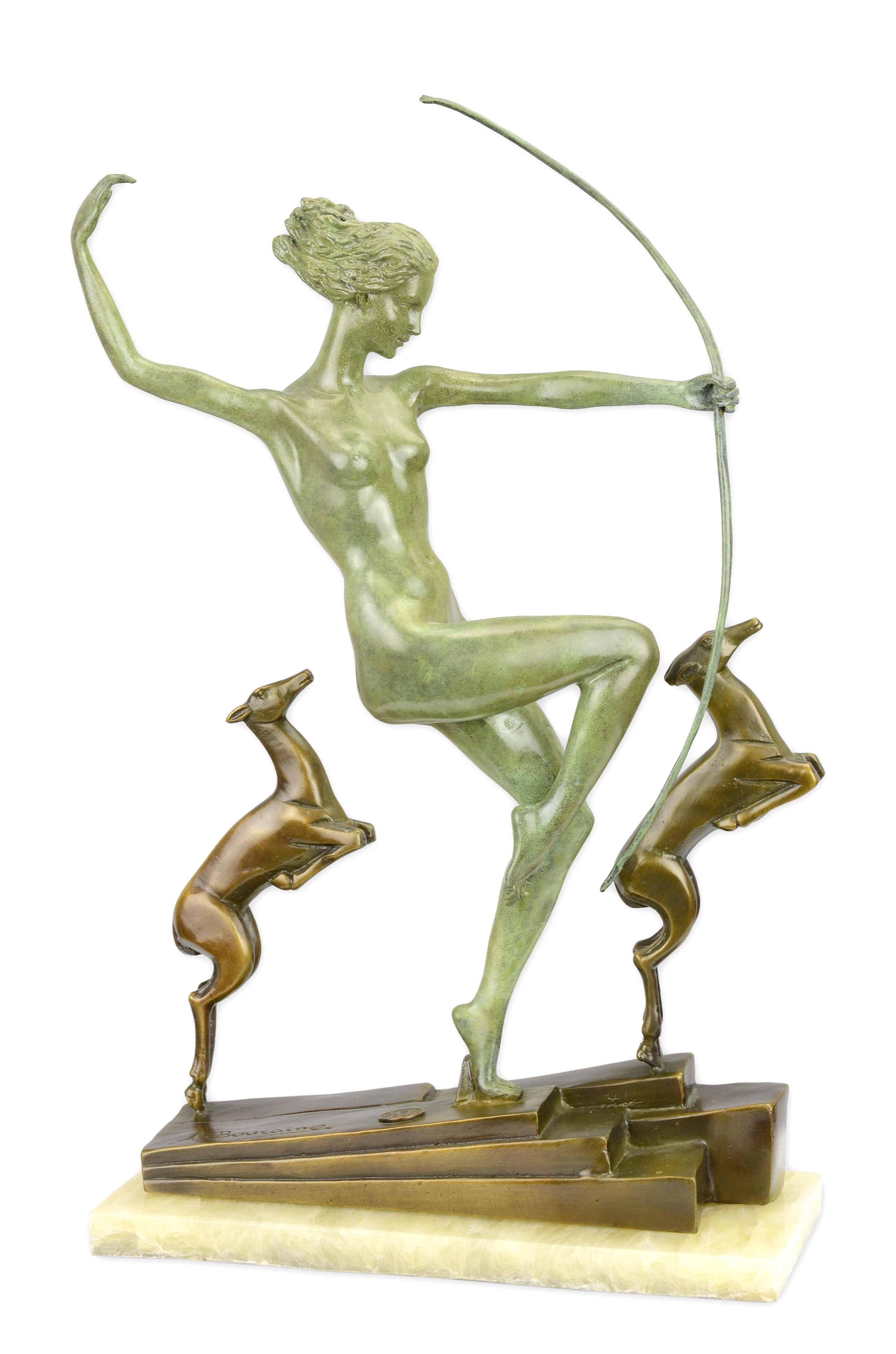 A\u0020BRONZE\u0020SCULPTURE\u0020OF\u0020DIANA\u0020WITH\u00202\u0020DOGS\u0020GREEN\u0020\u002F\u0020BROWN\u0020FINISH