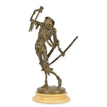 A BRONZE SCULPTURE OF A SKELETON WITH A BOW