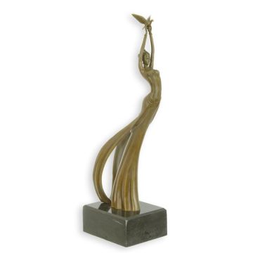 A BRONZE SCULPTURE OF A LADY HOLDING A PIGEON BROWN PATINA