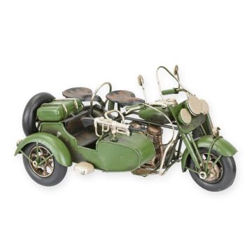 A TIN MODEL OF A MILITARY MOTORCYLCE WITH SIDECAR