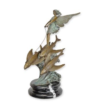 A BRONZE SCULPTURE O AN FAIRY TAMING SOME FISH