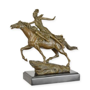 A BRONZE SCULPTURE OF AN AMAZONE RIDING A HORSE