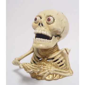 EEN GIETIJZEREN MECHANISCHE BANK MET SKELET