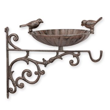 A CAST IRON WALL MOUNT BIRD BATH WITH HOOK