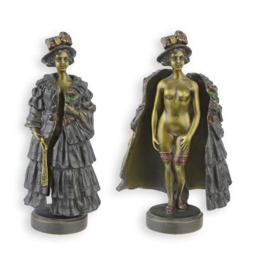 AN EROTIC BRONZE SCULPTURE OF A FEMALE WITH FUR COAT