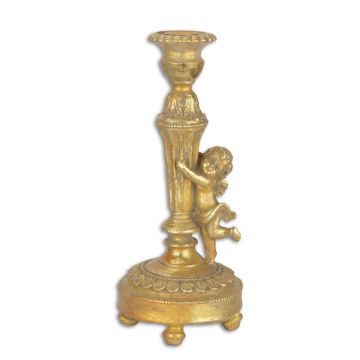 A RESIN CANDLE-STICK MOUNTED WITH A PUTTO