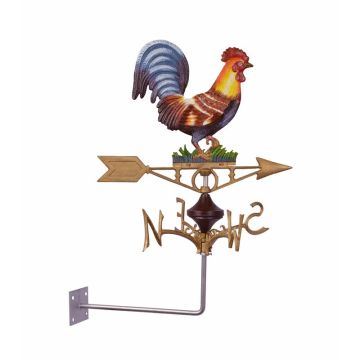 A CAST IRON WALL MOUNT ROOSTER WEATHER VANE