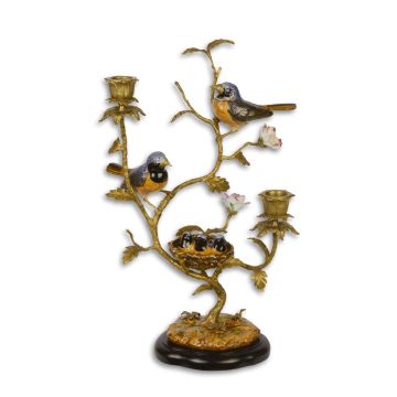 A TWO-BRANCH BRONZE CANDELABRUM MOUNTED WITH PORCELAIN BIRDS