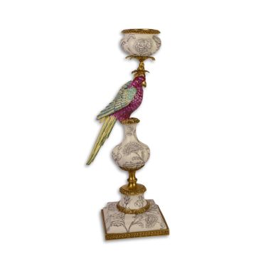 A BRONZE MOUNTED PORCELAIN PARROT CANDLESTAND