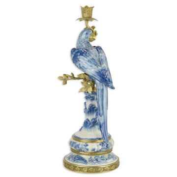 A BRONZE MOUNTED PORCELAIN PARROT CANDLE HOLDER