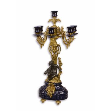 A PORCELAIN MOUNTED SIX-LIGHT BRONZE CANDELABRUM