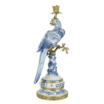 A BRONZE MOUNTED PORCELAIN PARROT CANDLE HOLDER