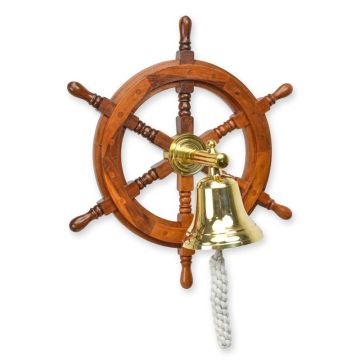A WOODEN STEERING WHEEL WITH BELL