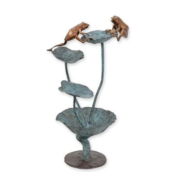 A BRONZE SCULPTURE OF A FROG WITH A LOTUS LEAF
