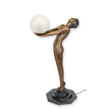 A BRONZE STANDING ART DECO NUDE HOLDING A GLASS BOWL
