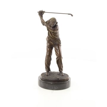 A BRONZE SCULPTURE OF A GOLFER