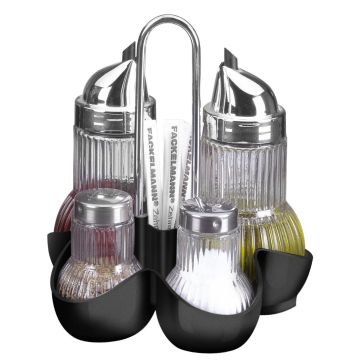 Fackelmann Tafel peper/zout/olie/azijnstel en ruimte voor tandenstokers.