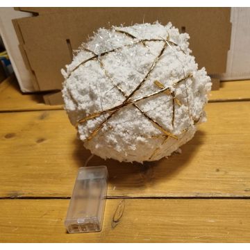 Kerstbal met 20 leds warm-wit sneeuw glittergoud