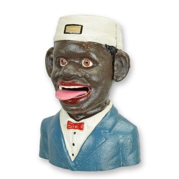 GIETIJZEREN MECHANISCHE SPAARPOT DONKERE MAN MET BLAUW JASJE