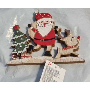 Kerst houten decoratie - Kerstboom met kerstman en rendier
