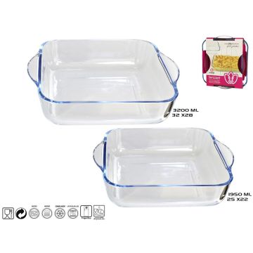 Set van 2 Glazen ovenschalen-serveerschalen rechthoekig 25 en 32 cm  - Ovenschotel oven serveerschaal van glas