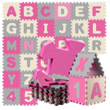 Puzzelmat 86 delig met getallen en letters Roze
