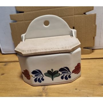 Boerenbont Zoutbakje aardewerk met houten deksel