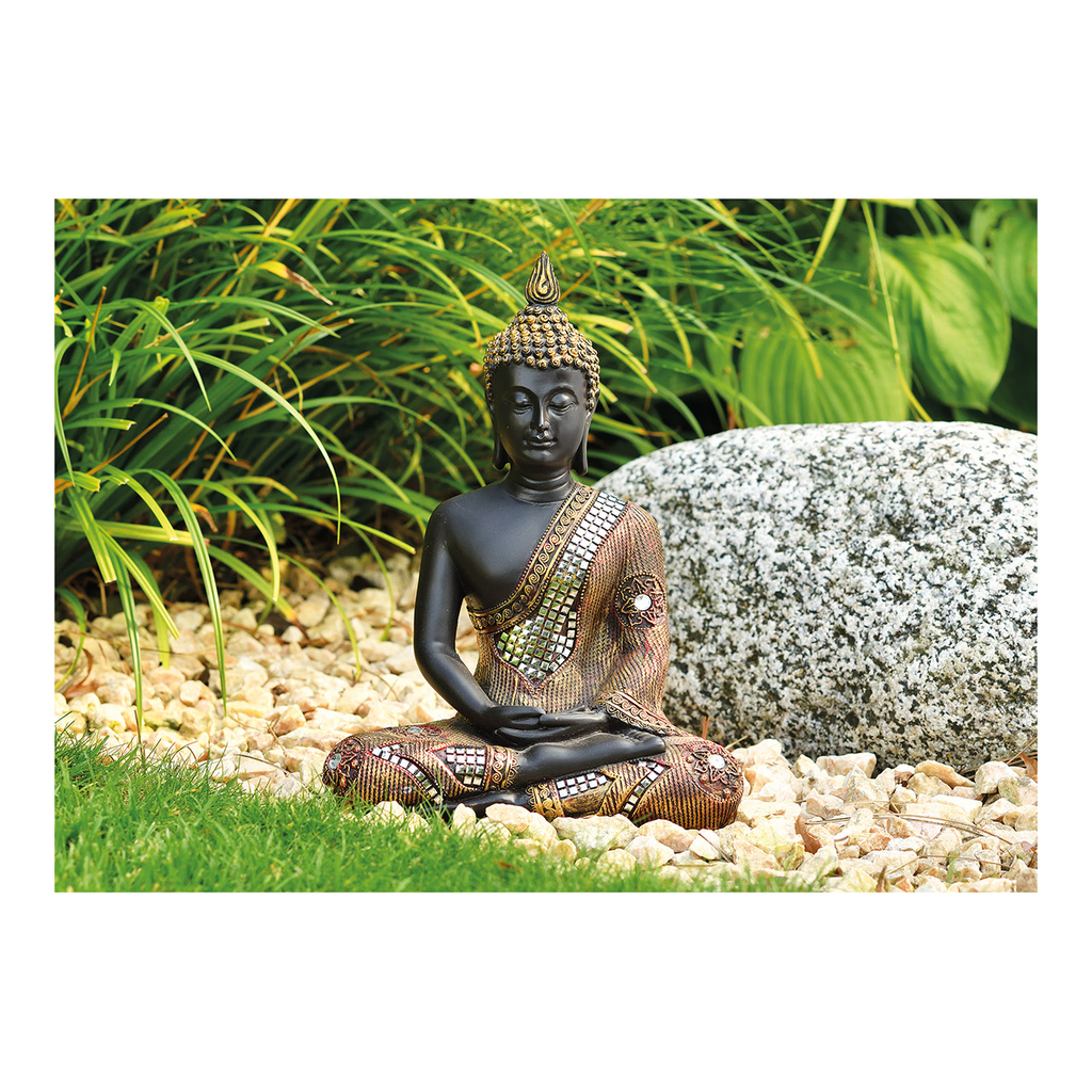 Boeddha\u0020in\u0020zwart\u002Fgoud\u0020van\u0020poly,\u0020B21\u0020x\u0020D12\u0020x\u0020H27\u0020cm.