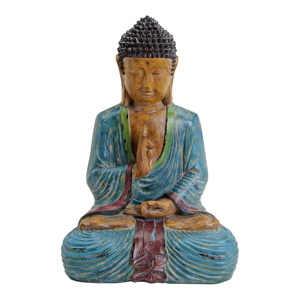 Buddha\u0020van\u0020poly,\u0020blauw\u002Fbruin\u002Frood\u0020\u0028B\u002FH\u002FD\u0029\u002027x44x21cm