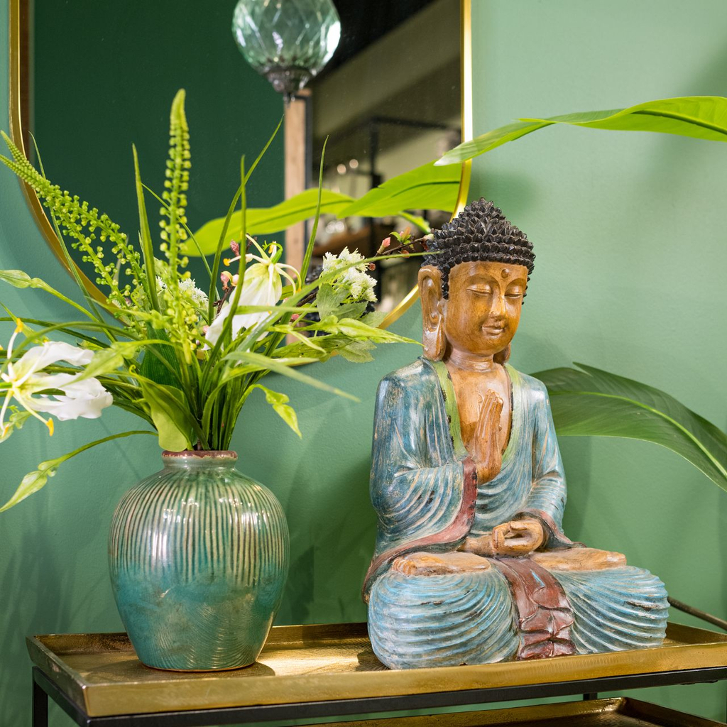 Buddha\u0020van\u0020poly,\u0020blauw\u002Fbruin\u002Frood\u0020\u0028B\u002FH\u002FD\u0029\u002027x44x21cm