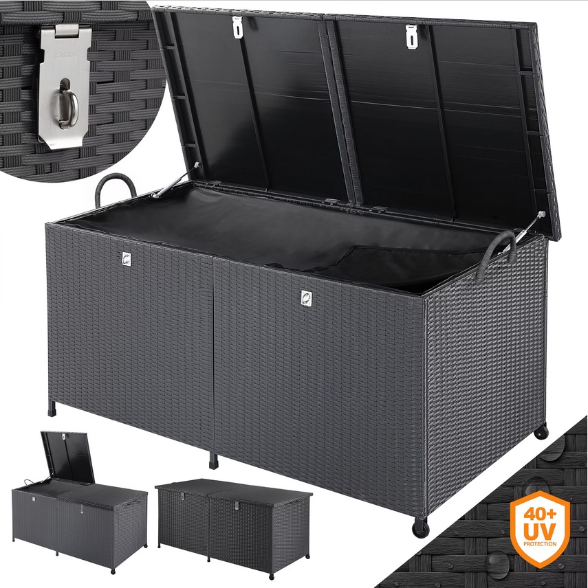 Tuinbox\u0020Polyrotan\u0020Kussenbox\u0020Zwart\u0020150x77x73cm\u0020met\u0020Wielen\u0020