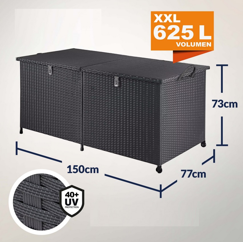 Tuinbox\u0020Polyrotan\u0020Kussenbox\u0020Zwart\u0020150x77x73cm\u0020met\u0020Wielen\u0020