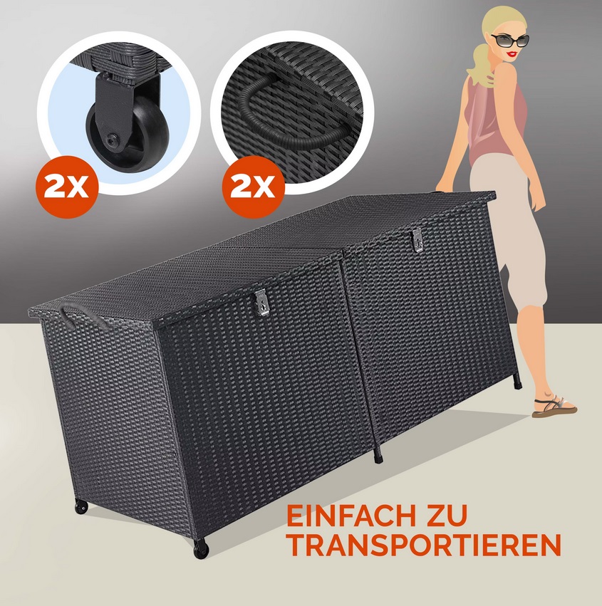 Tuinbox\u0020Polyrotan\u0020Kussenbox\u0020Zwart\u0020150x77x73cm\u0020met\u0020Wielen\u0020