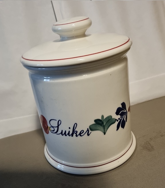 Boerenbont\u0020Voorraadpot\u0020Suiker\u00201.5\u0020ltr\u0020Aardewerk\u0020met\u0020wit\u0020deksel